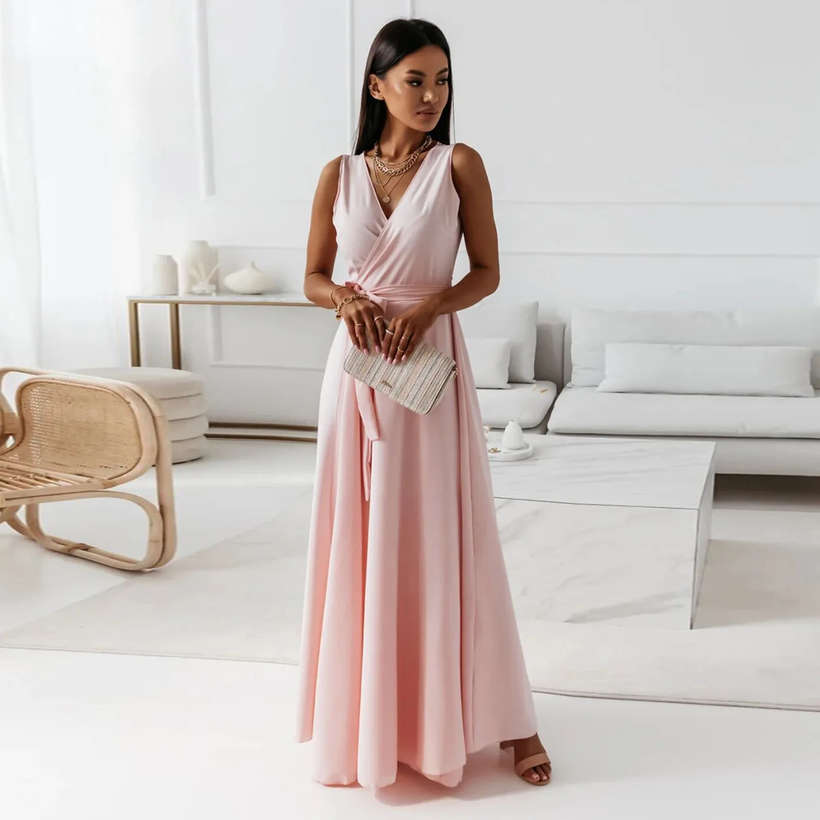 2025 sommer Neue Mode frauen Kleid Tie-neck V-ausschnitt Lange Abendkleid Kleid für Frauen Party Gala – Detail 10