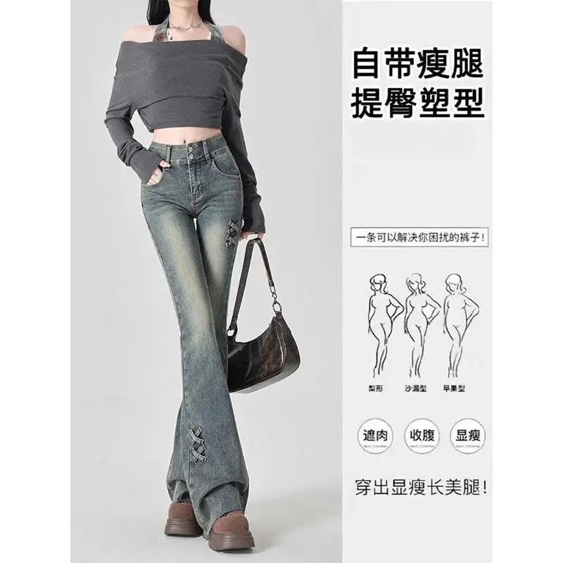Jeans svasati con nodo a fiocco per donna Autunno Americana Vintage Blu Taglie forti Design snellente a vita alta