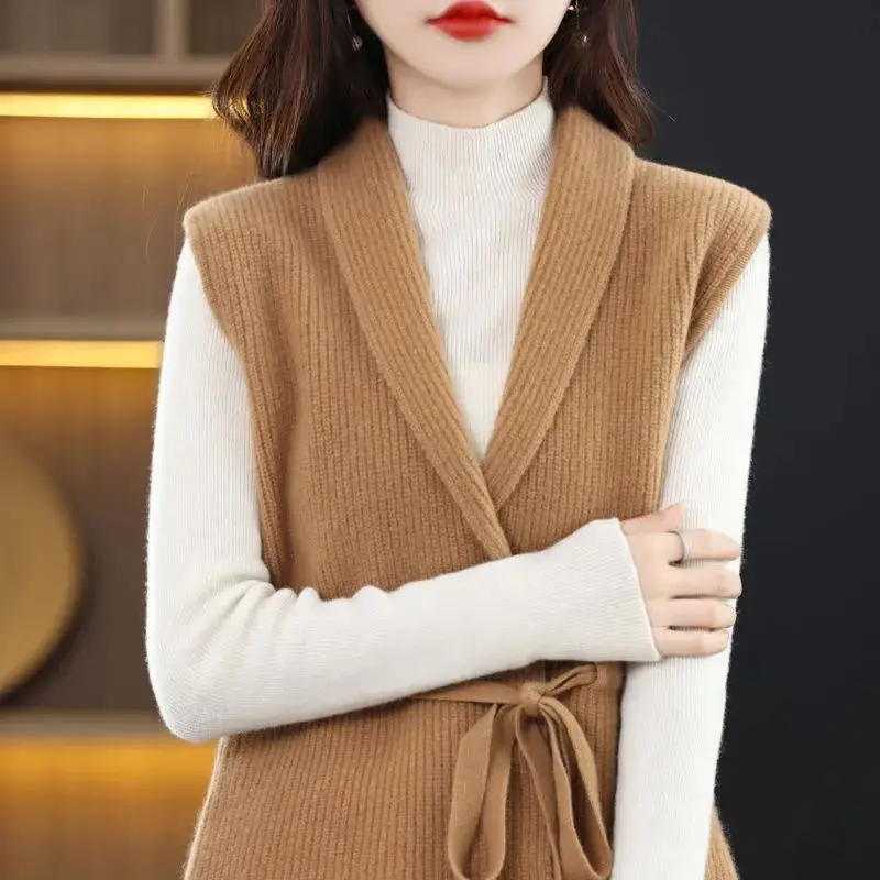 Autumn Winter Women Lace-up Long Sweater Coat Korean Fashion Casual V-Neck Solid Vintage Knitted Loose Cardigan Sleeveless Tops