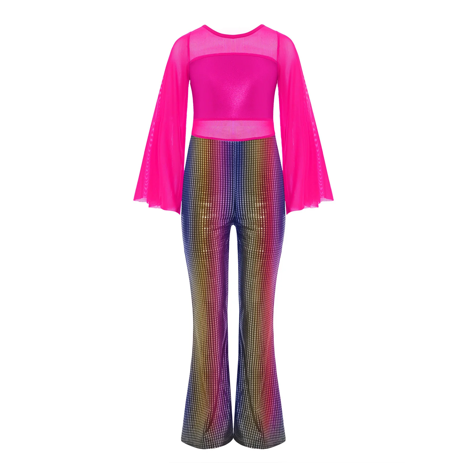 Costume da ballo latino chacha per ragazza jazz per bambini, discoteca, sala da ballo, performance sul palco, tuta per adolescenti, maniche lunghe svasate, tuta in rete trasparente