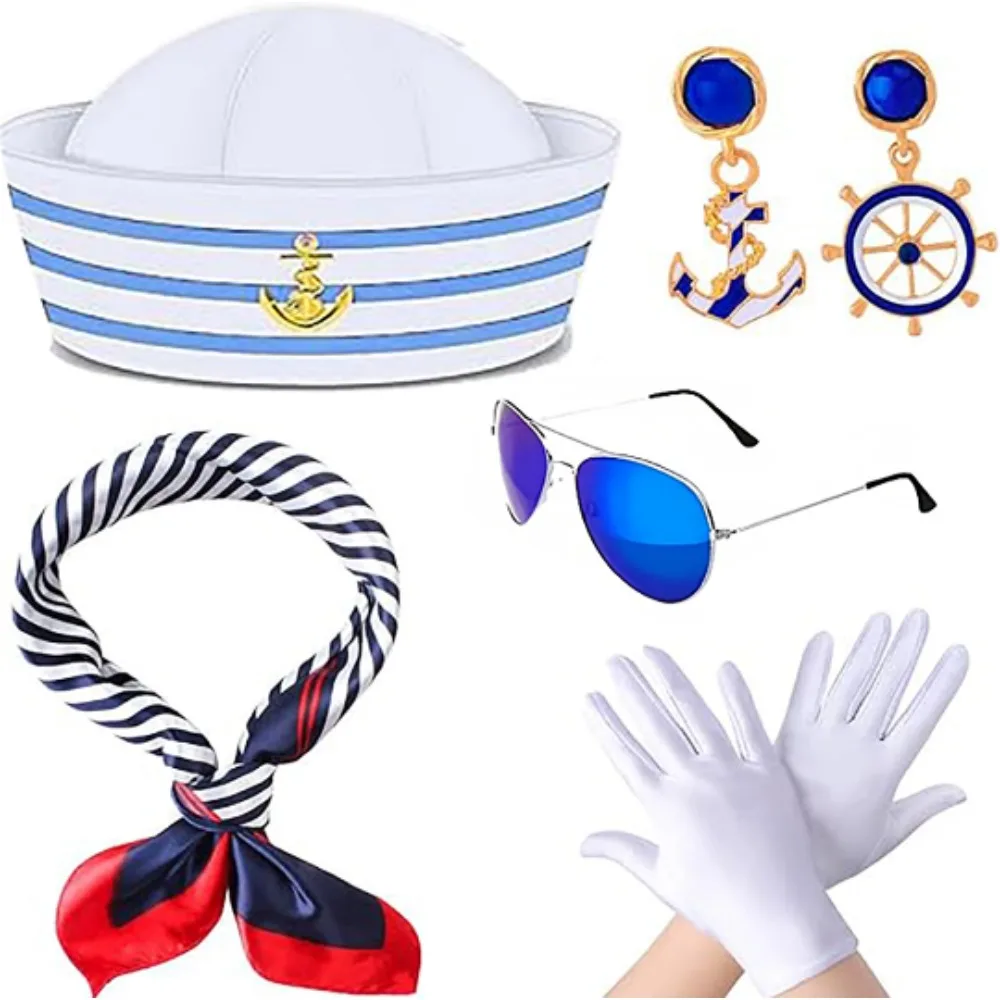 セーラー服を着たセーラー帽子、スカーフ、アンカー型ペンダント、イヤリング、手袋、その他の海軍兵士に適したアクセサリー