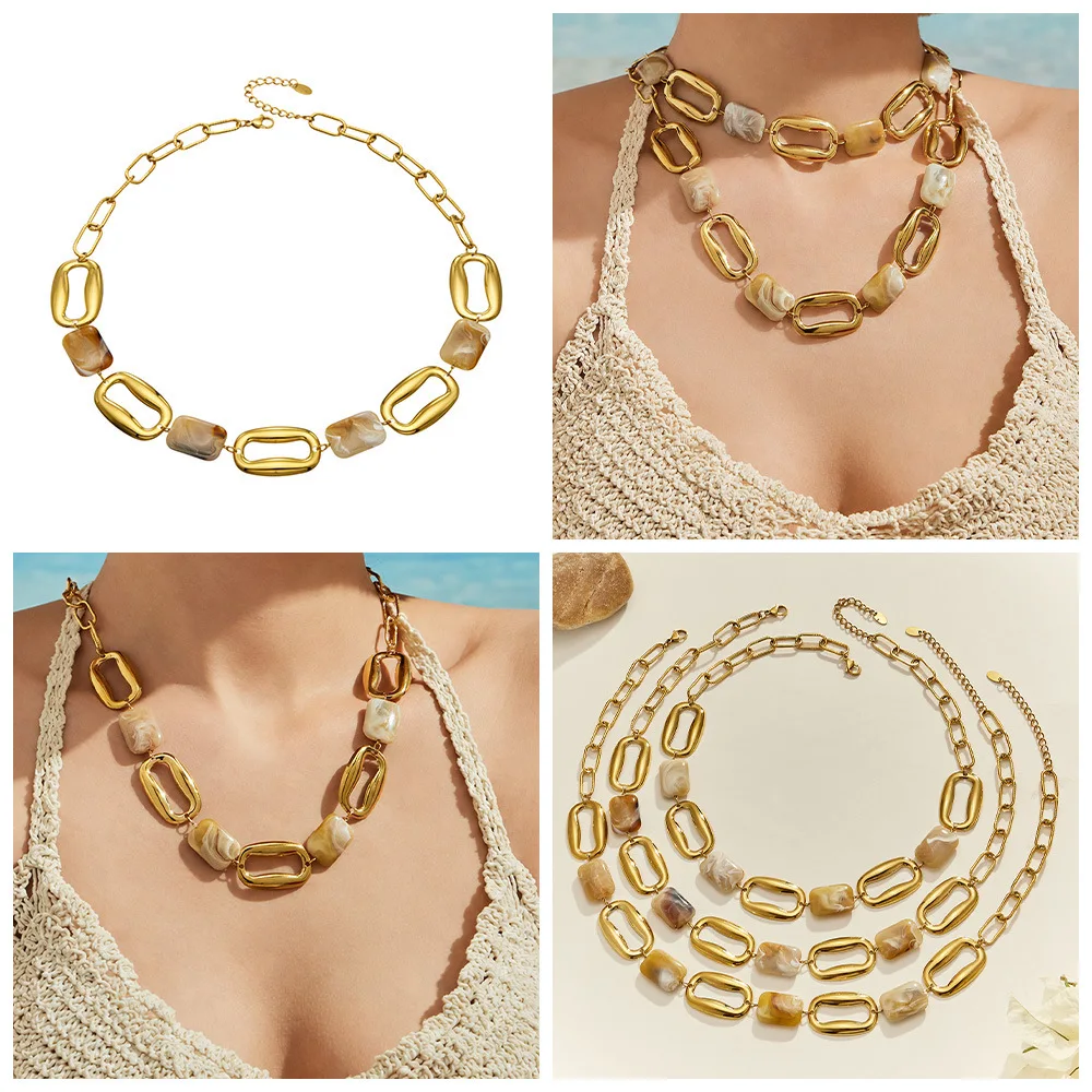 Chunky Statement-Halskette, 18k vergoldeter Edelstahl, Marmor-Harz-Verbindung, hohle ovale Gliederkette, Halsketten, Kragen-Schmuck – Detail 1