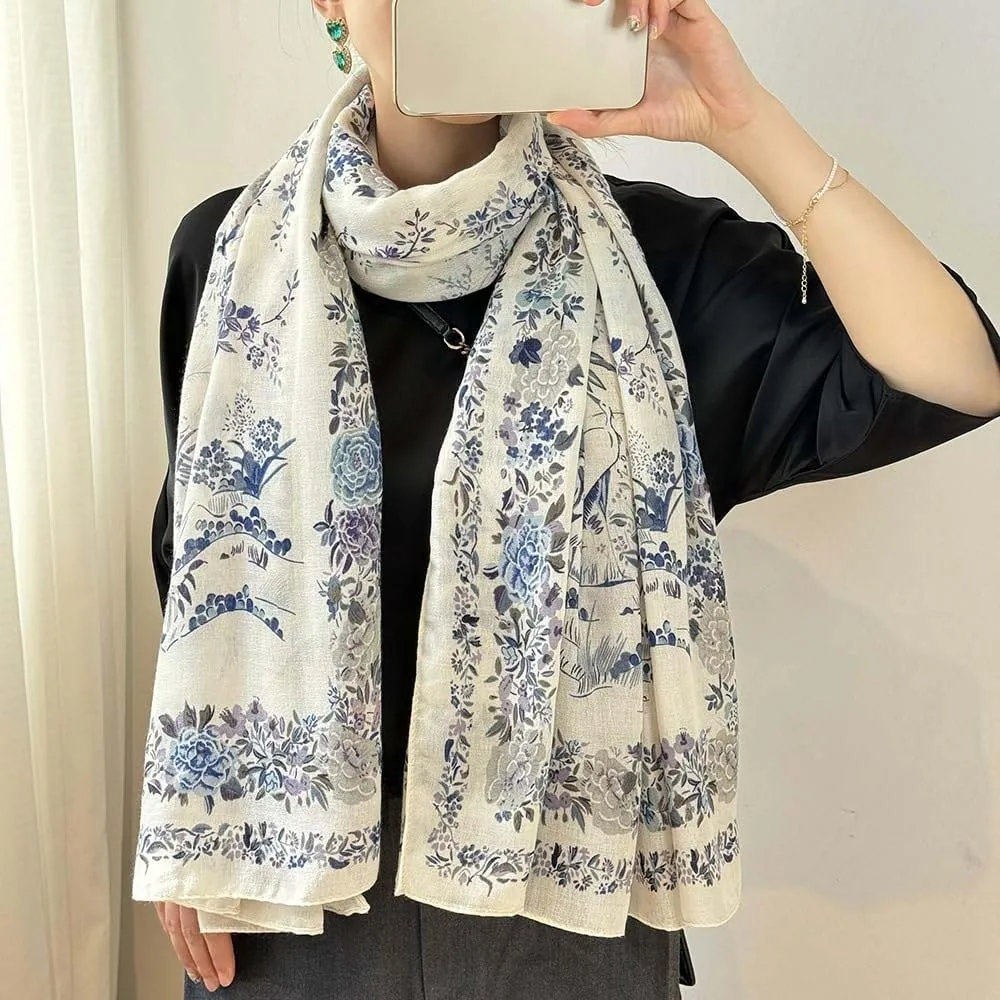 

Дышащий женский шарф с цветочным принтом, длинный полиэстер, тонкая большая шаль, легкий солнцезащитный платок с рисунком птицы