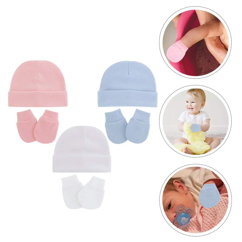 1 مجموعة قبعة وقفازات مجموعة قبعة قبعة قطنية قبعة متماسكة دافئة لمدة 0-3 أشهر قفازات مضادة للخدش الشتاء