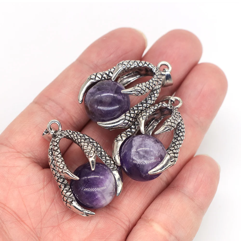 New Dragon Claw Hold Natural Stone Round Bead Pendant Healing Crystal Amethysts Agate Ball Charm For Men Jewelry DIY Accessories