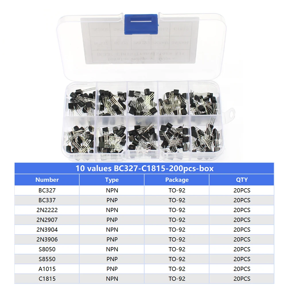 200pcs Transistor Assortment Kit  10Values*20pcs BC337 BC327 2N2222 2N2907 2N3904 2N3906 S8050 S8550 A1015 C1815 TO-92 set