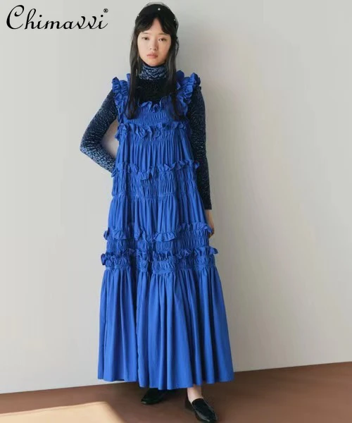 Day Single Sweet Ruffle Edge Heavy Pleated Dress Autumn and Winter New Cute Loose Temperament Long Holiday Style Dresses Women