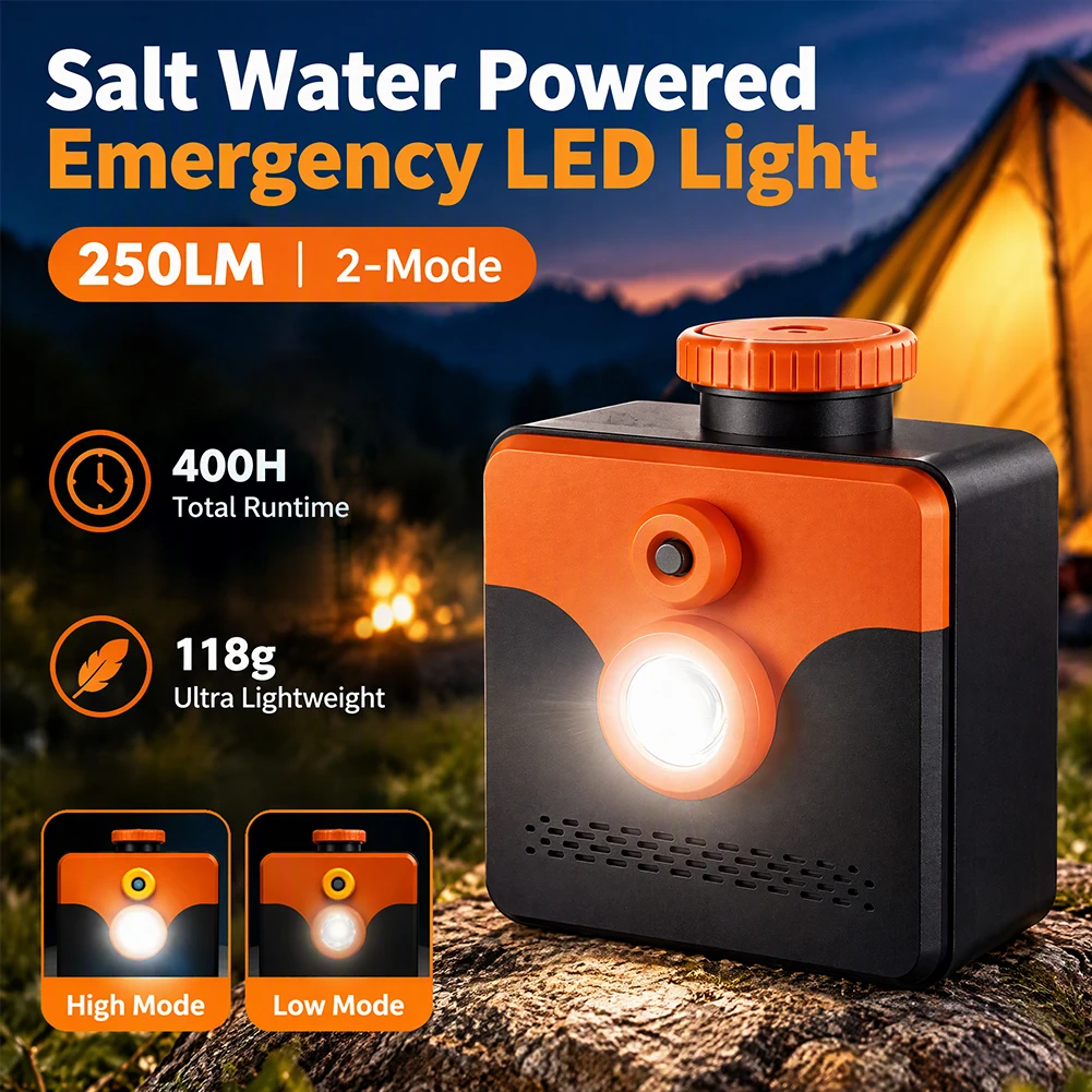 No Battery Saline Generator Flashlight 250lm 2-Mode Leak-proof Compact Camping Hiking Power Outage Survival Light