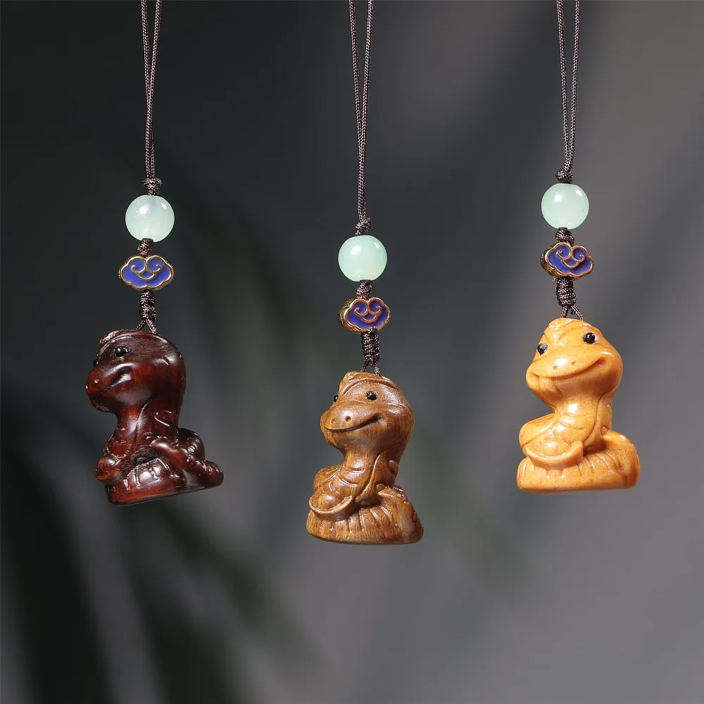 Statue Mini Zodiac Snake Dolls Auspicious Cute New Year Carved Pendant Rope Beads Green Sandalwood Ornament Gifts