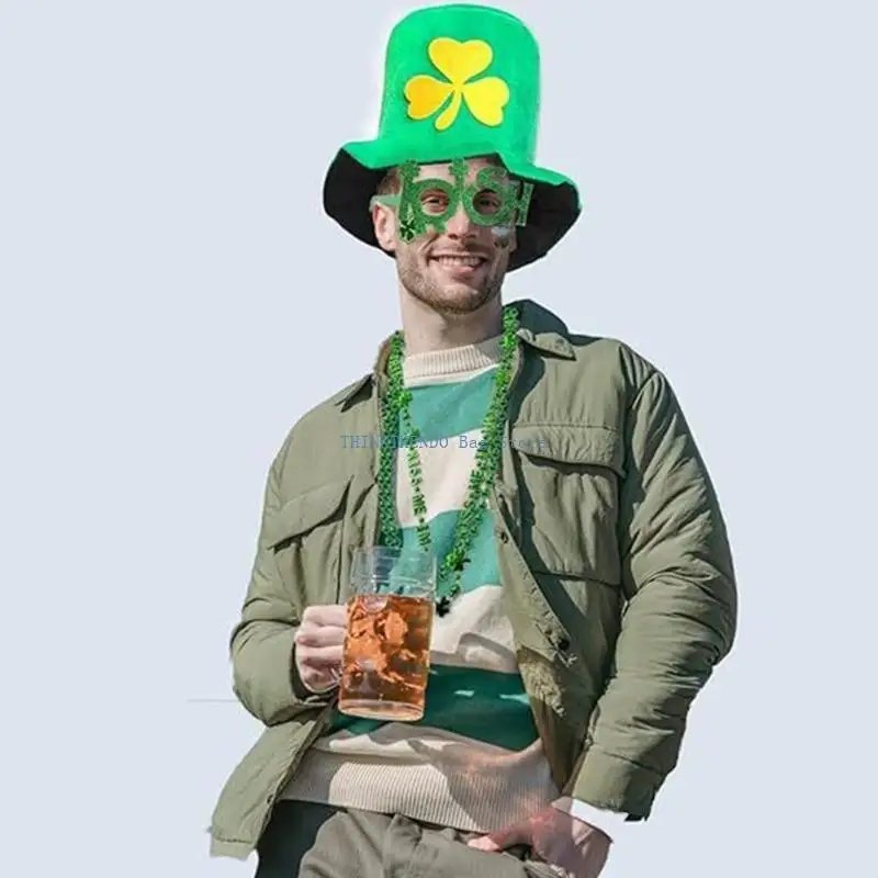 340D Adult Patricks Day Top Hat Delicate Beads Necklace&Glasses&Stickers Set