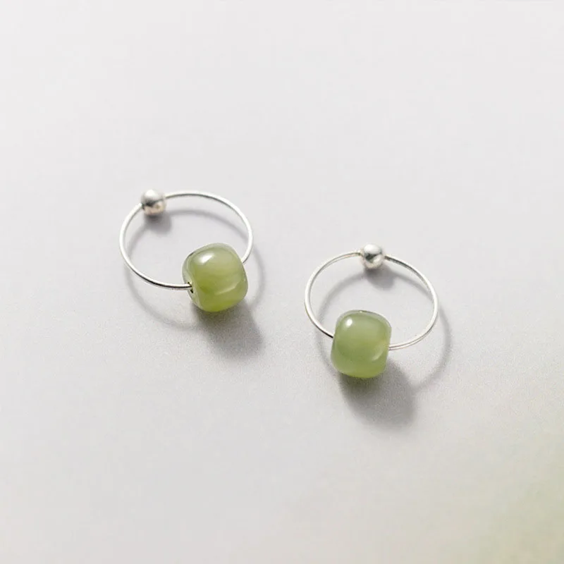 Elegant Vintage Jade Hoop Earrings For Women New 925 Silver Jewelry Lucky Bead Earring Lady Party Accessories