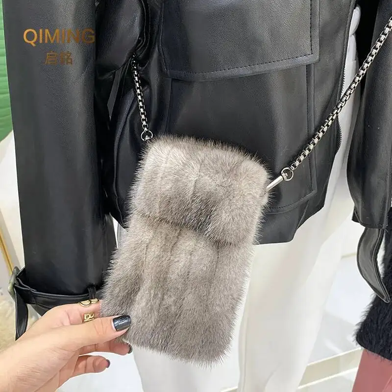 

100% Real Mink Fur Bag Crossbody Bags For Women Autumn Winter Plush Purses and Handbags Female Phone Shoulder Bag Girls Wallet