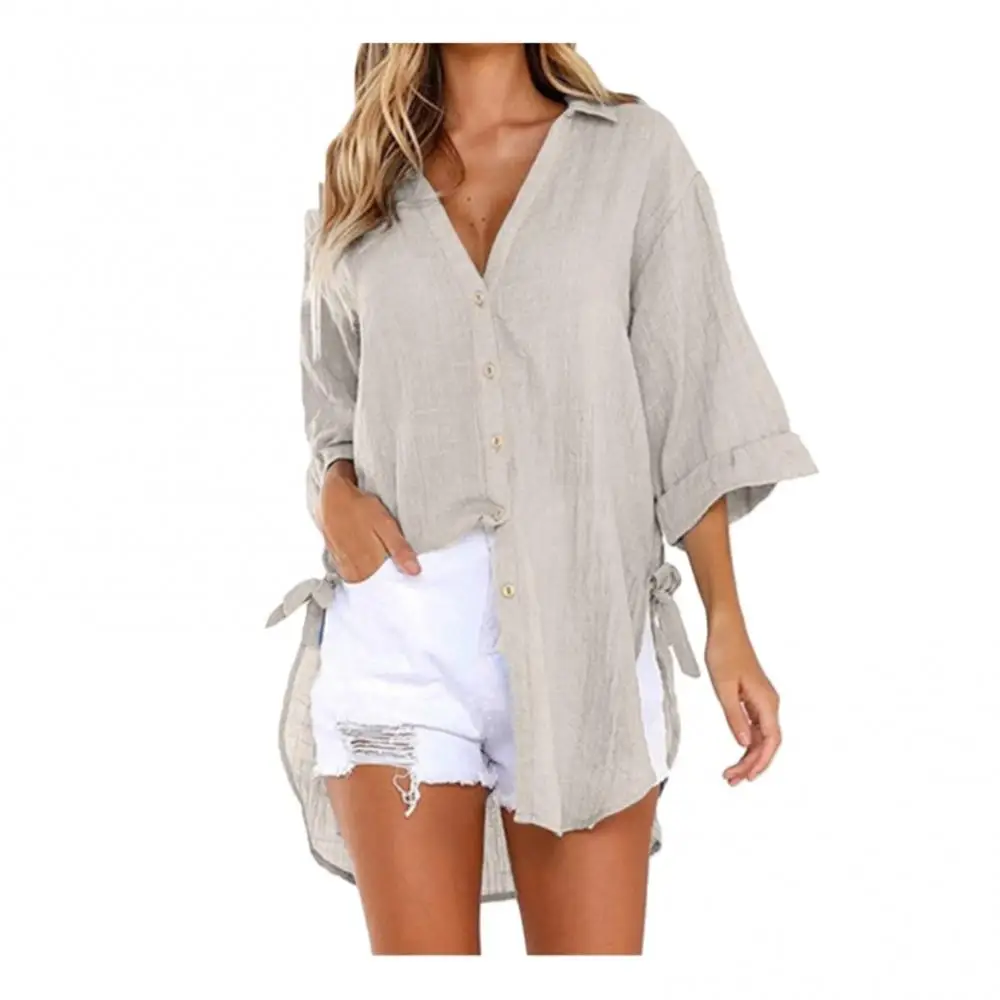 Top Shirt Blouse Loose Turn Down Collar Summer Buttons Shirts Women Blouse Women Blouses 2021 Linen Irregular Hem Belt Woman Rou