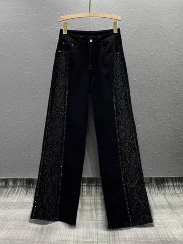 

Модные свободные широкие джинсы с высокой талией и вышивкой в стиле ретро, женские повседневные джинсы с несколькими карманами Water Wa