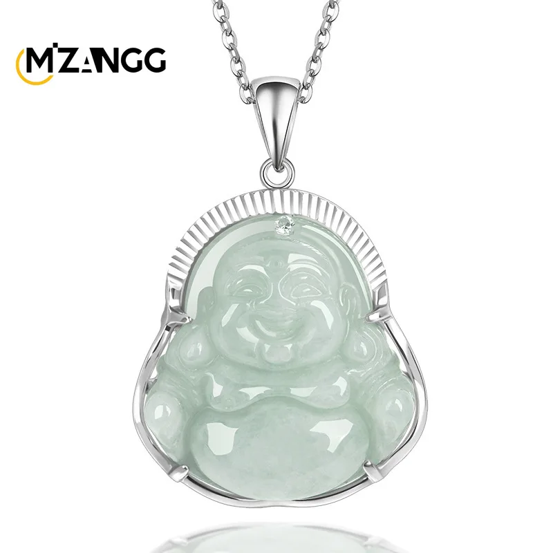 

Natural Jadeite Maitreya Buddha Pendant S925 Silver Inlaid with Ice Green Jade Necklace To Girlfriend Mother Holiday Gift Mascot