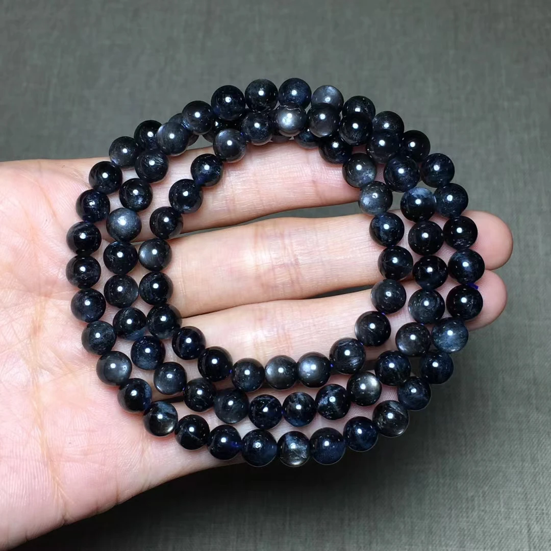 Natural Black Blue Aquamarine 3 Laps Round Beads Bracelet 6.5mm Star Light Women Men Aquamarine Bracelet Fashion Jewelry AAAAAA