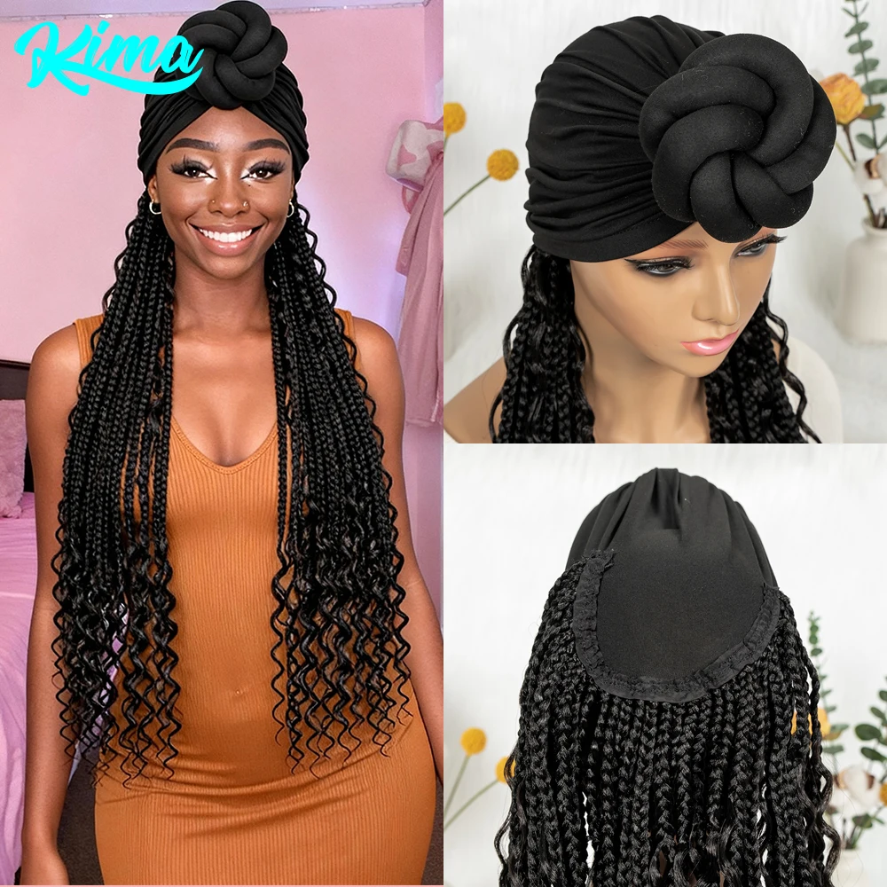 

30Inch Black Boho Box Braided Synthetic Headband Wig With Turban Hat Braiding Hair Extensions For Black Women