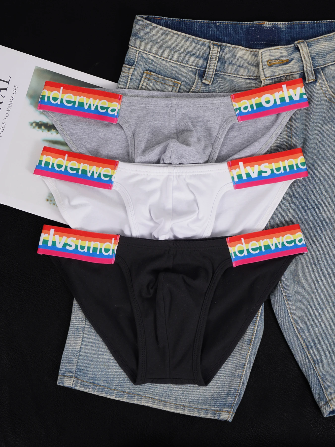 

3 PCS Men's Cotton Soft Skin-Friendly Convex Pouch Briefs, Horn Splice Rainbow Waistband Spring Summer Daily Commute Underwear