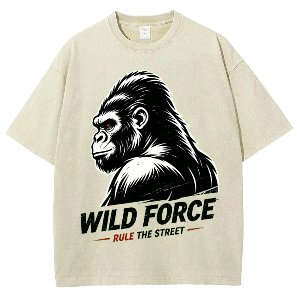 Men Wild Force Gorilla Graphic T Shirt Streetwear Vintage Casual Short Sleeve Top Bold Animal Print Summer Fashion Retro Style
