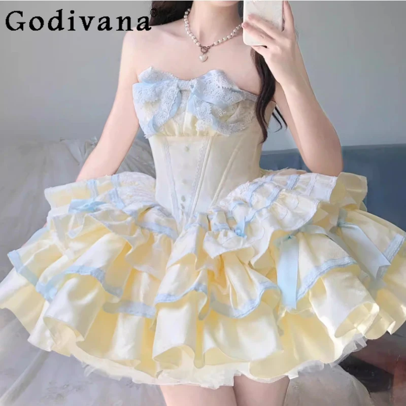 

Spring Summer Sweet Lolita Bow Strapless Cake Princess Dresses Elegant Girl High Waist A-line Age Reduction Fairy Short Dress