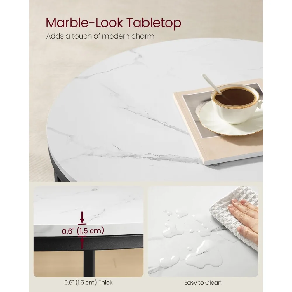 Tavolino da caffè contemporaneo a doppio livello con superficie in finto marmo e ripiano in vetro, adatto per il soggiorno, 25,6 pollici