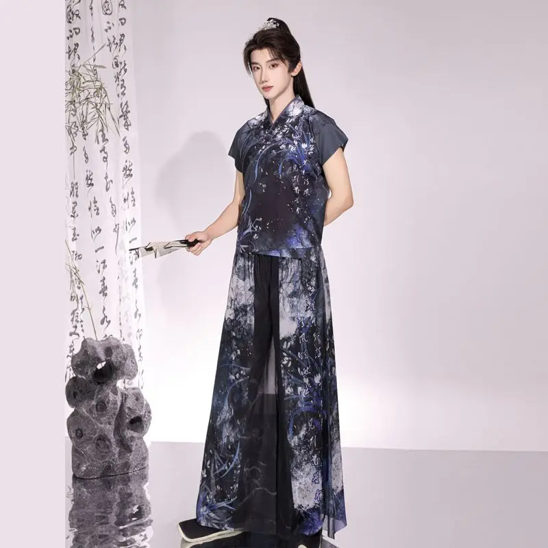 

Traditional Chinese Clothing Men's Hanfu New Song Style Hanfu Ink Short Sleeved Wide Leg Daily Improvement Summer