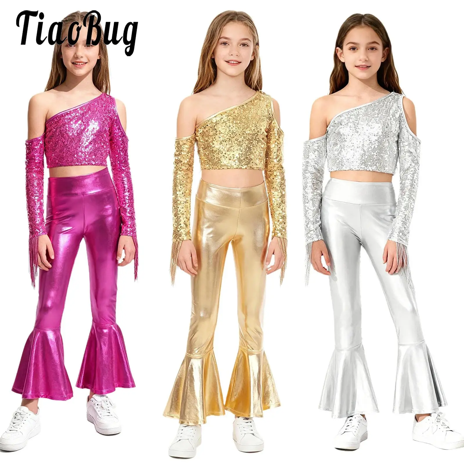 

Kids Girls Disco Jazz Cha-cha Dance Performance Costume Outfits Long Sleeve Shiny Sequin Tassels Crop Top with Bell-bottom Pants