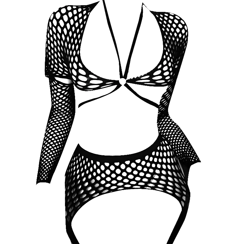 

Женский комплект сексуального облегающего белья: сетчатые чулки с длинными рукавами, без бретелек, с открытой промежностью