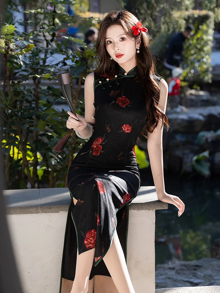 

Элегантное черное платье в китайском стиле с завышенной талией, стройнящее, для повседневной носки, новое, высококачественное, комфортное, длинное.