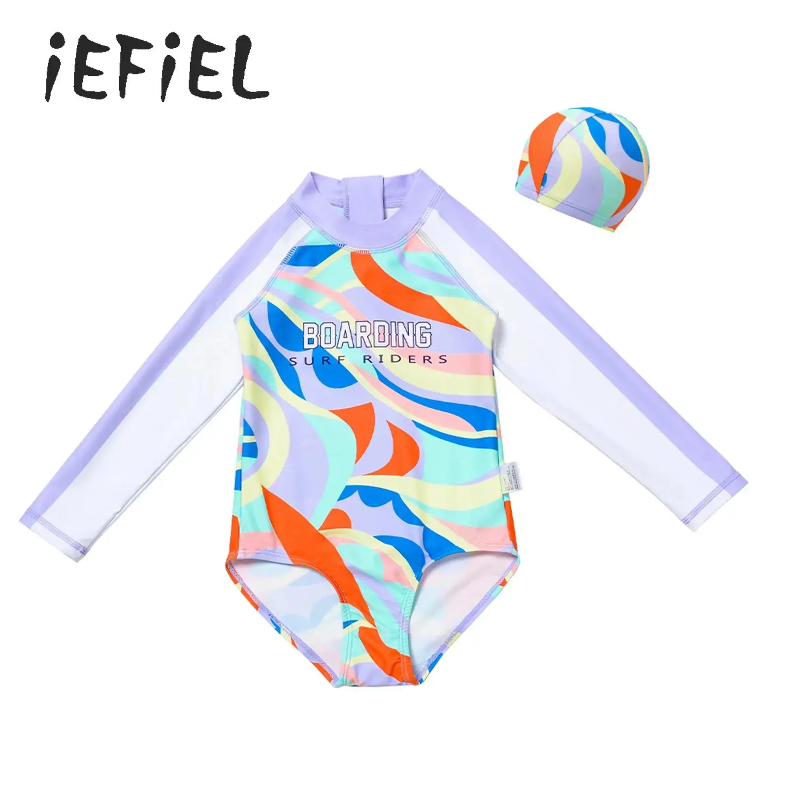 

Kids Girl One-piece Long-sleeve Sunscreen Swimsuit with Swim Cap Quick-dry Swimming Set Summer Surfing Bathing Suit Beach Wear