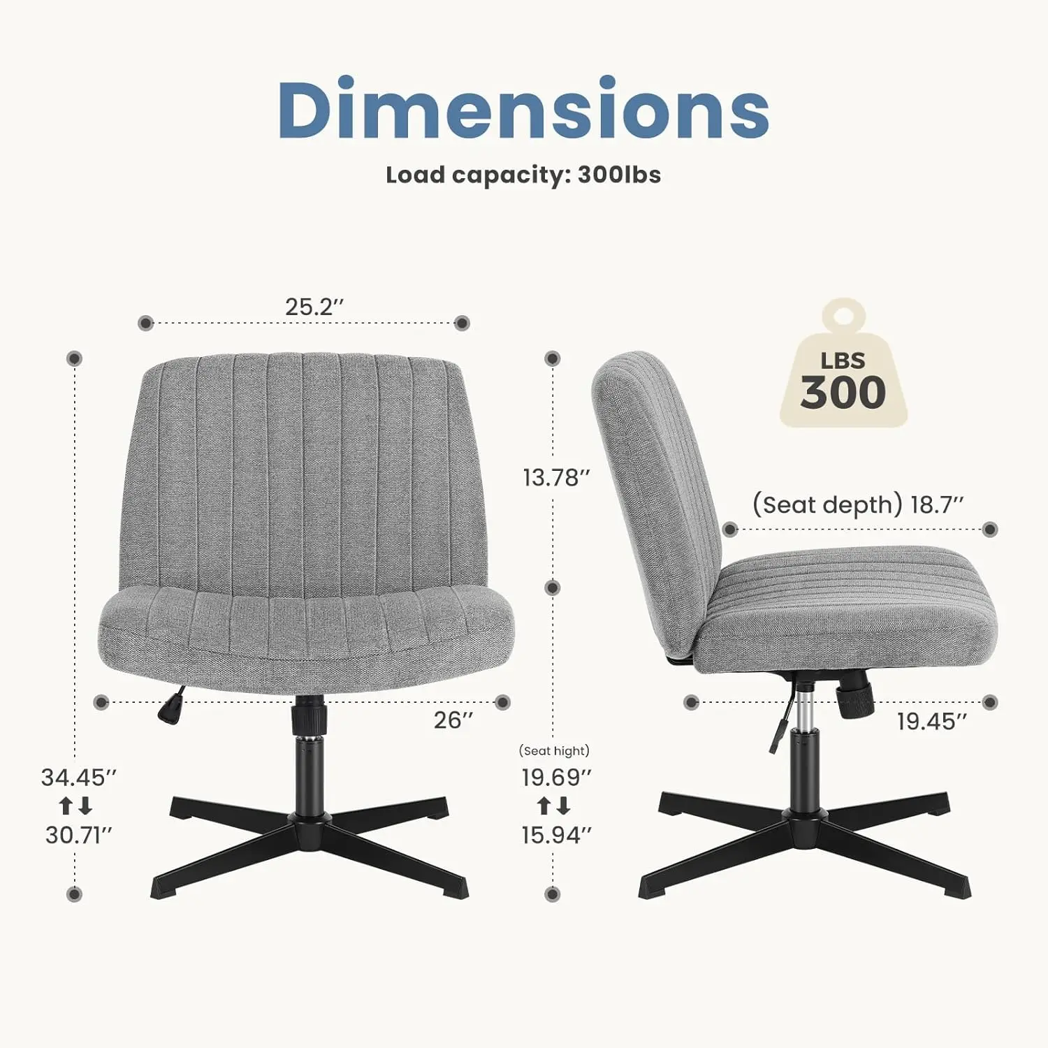  Cross Legged Office Chair, Armless Wide Desk Chair No Wheels, Modern Home Office Desk Chair Swivel Adjustable