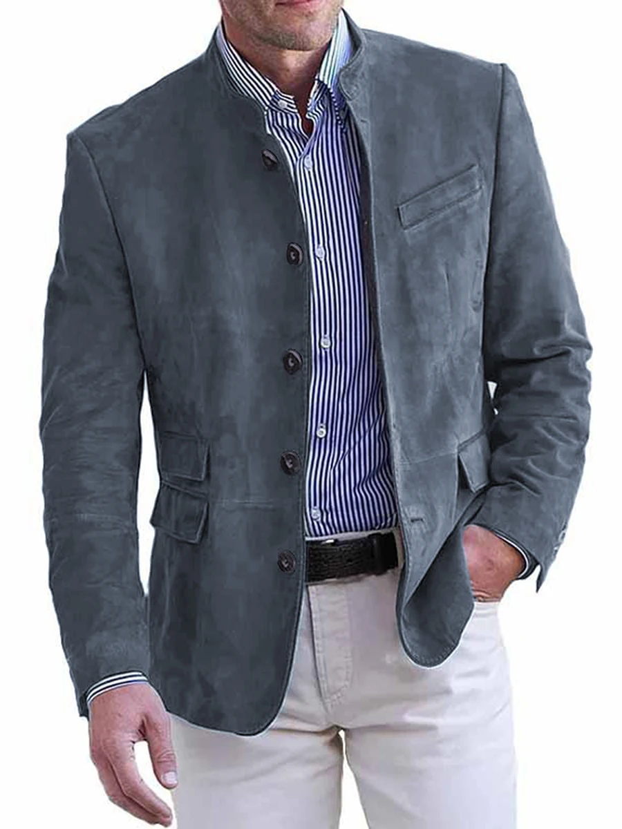 メンズ長袖ブレザー,ヴィンテージ,スタンドカラー,ボタン留め,丈夫なビジネスジャケット,カジュアルジャケット