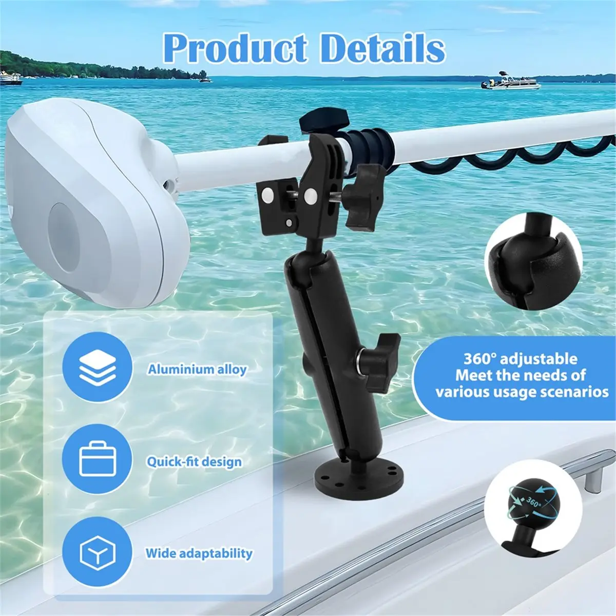 T34C Trolling Motor Stabilizer Mount 360° Adjustable Tough-Claw Boat Trolling Motor Shaft Reduces Bounce Fits to 0.6