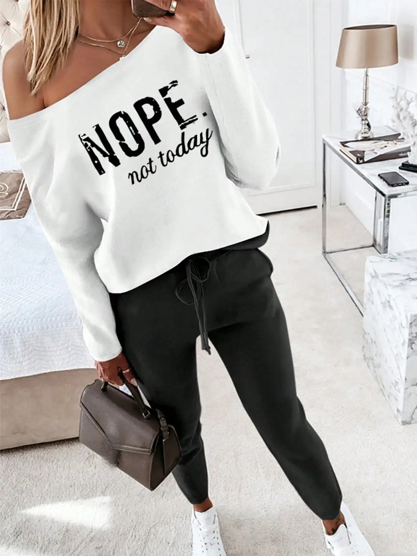 

Off-Shoulder Long Sleeve Letter Print Pullover Top with High-Waist Stretch Joggers Set