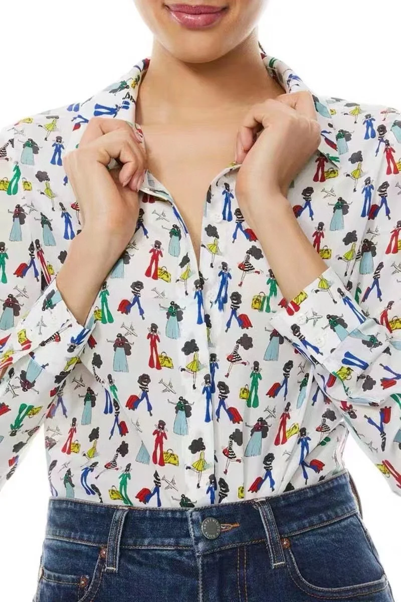 

Women Fashion Print Blouse Top Single Breasted Long Sleeve Turn-down Collar Casual Silk Shirt