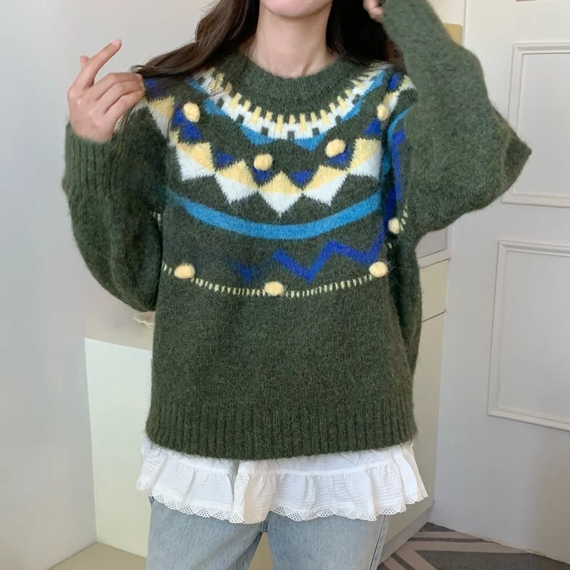 

Dongda Gate 2025 Winter New Color Blo Geometric 3D Fair Isle Long Sve Women's Knitted Sweater Sli Casual Faion