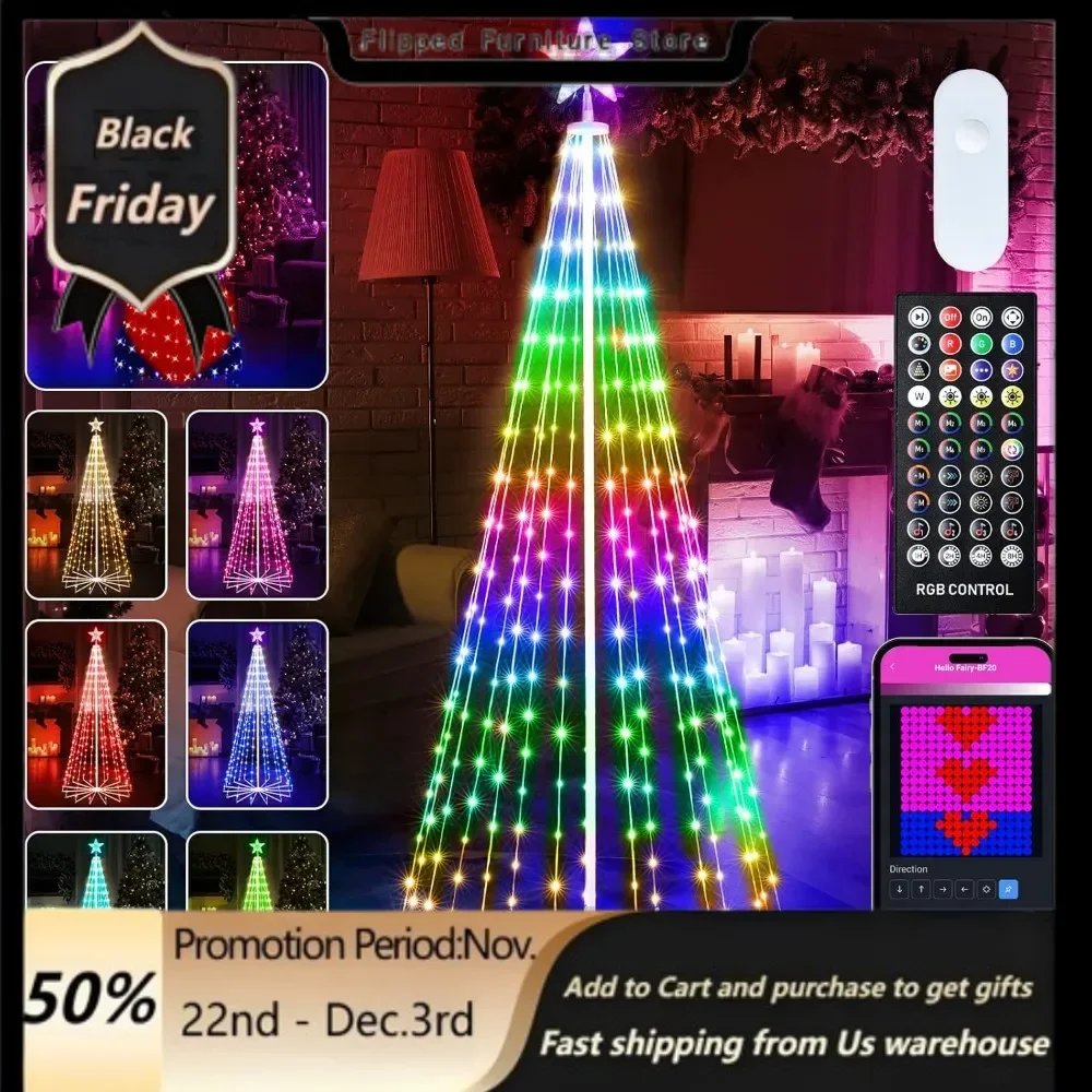 Smart Christmas Cone Tree LED Light, 6ft 265 LED Music Sync with Remote APP and Local Control, Pattern and Text Displayable.