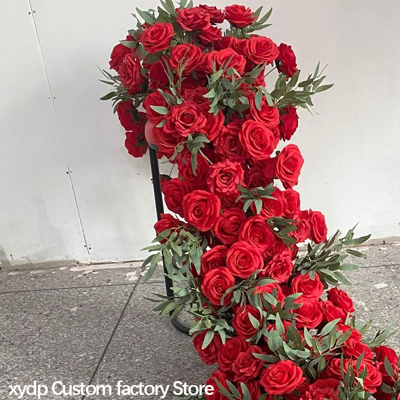 Künstliche rote Rosenblumenreihe, langer Läufer, Hochzeits-Hintergrunddekoration, Blumenarrangement, Party-Requisiten, grüne Pflanzen, Tischdekoration – Detail 5