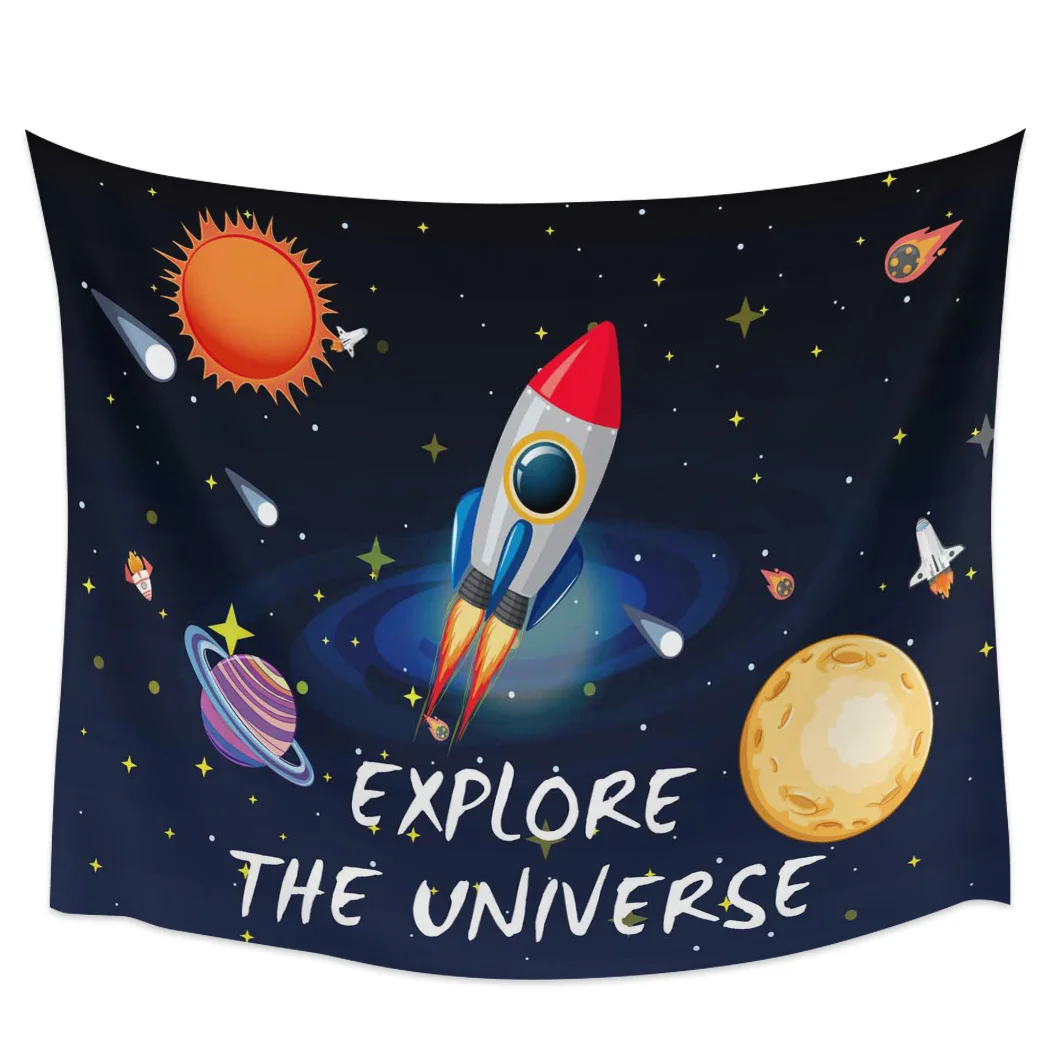 Space Universe Planet Rocket Hippie Tapestry Fabric Wall Hanging Beach Room Decor Cloth Carpet Yoga Mats Sheet Sofa Blanket