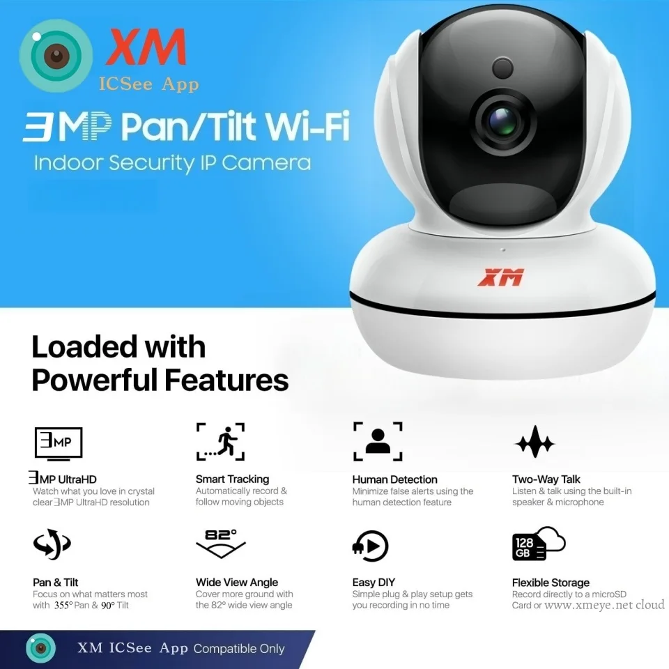 XM ICSee 3MP 2.4GHz WiFi Indoor Home Security IP Smart Baby Monitor Camera Automatic Tracking 24/7 Video Surveillance PTZ Camera