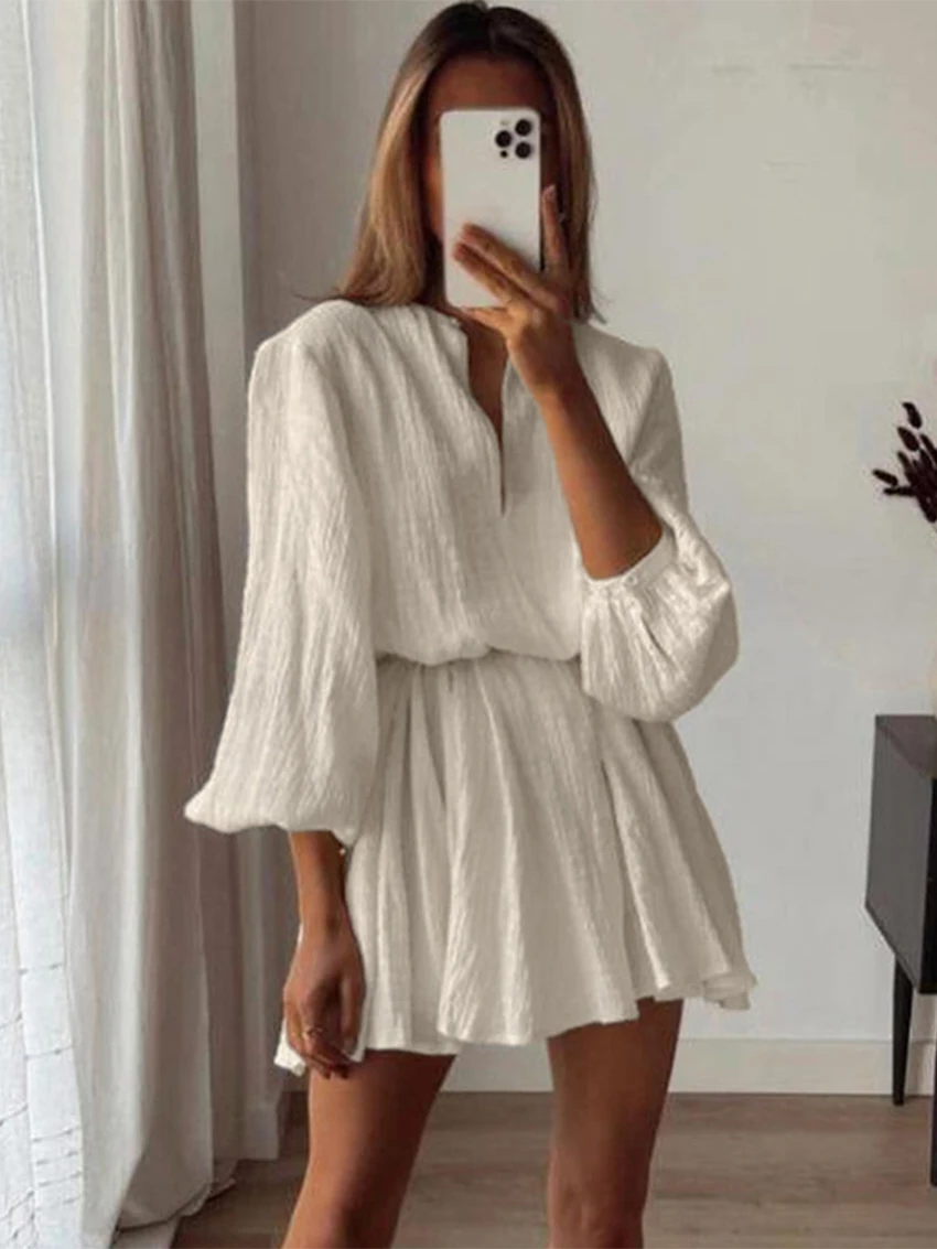 

Parc Fee Casual Loose White Cotton Women's Dress 2026 Fashion V-Neck Long Sleeve Mini Dresses Elegant Classic Solid Female Dress