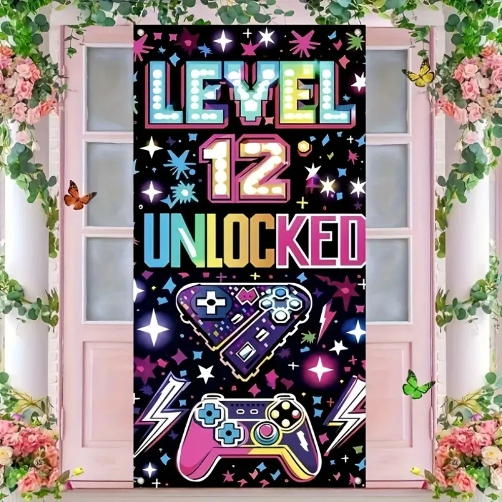 Network Neon Style Video Game Theme Door Frame Background Cloth, Boys and Teenagers Unlock The Door Frame Photography Background