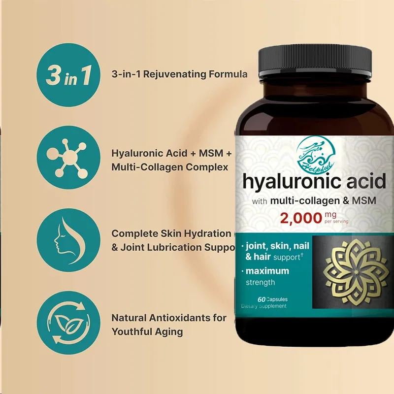 Hyaluronic acid 60 capsules dimethyl sulfone and multi collagen support skin moisturizing, joint lubrication,hair and eye health