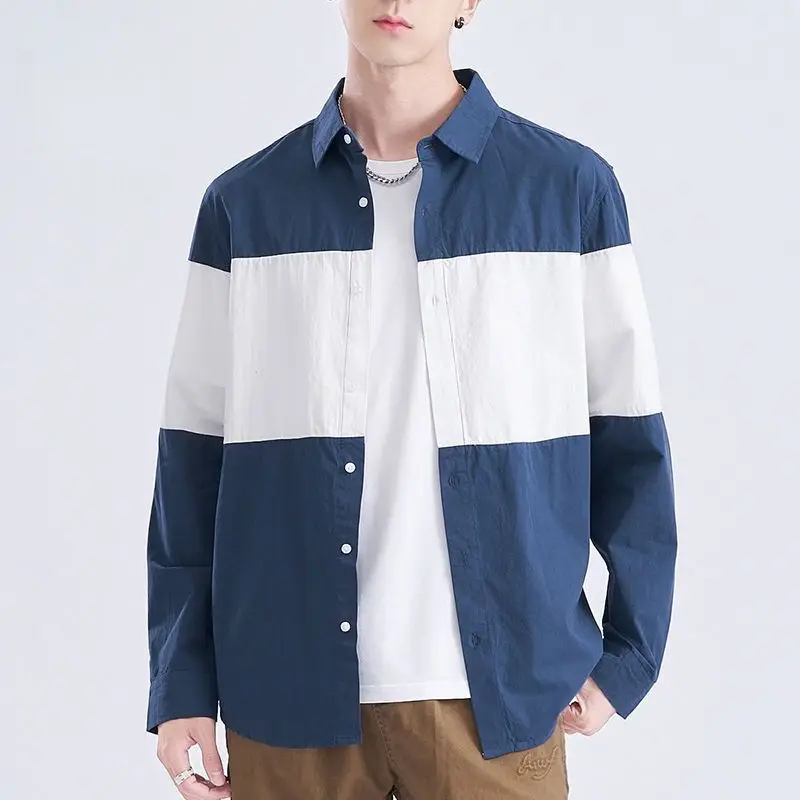 

New Autumn Spliced Long Sleeved Shirt with Multiple Functions Contrasting Colors Slim Fit Fashionable Men Casual Button Cardigan