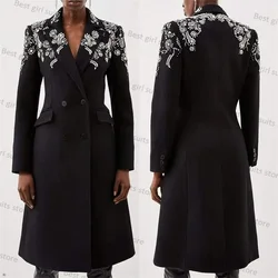 Abiti da donna neri di lana formali Gonna 1 pezzo Giacca lunga da ballo Abito da ballo di lusso in cristallo da ufficio Cappotto da smoking da sposa su misura