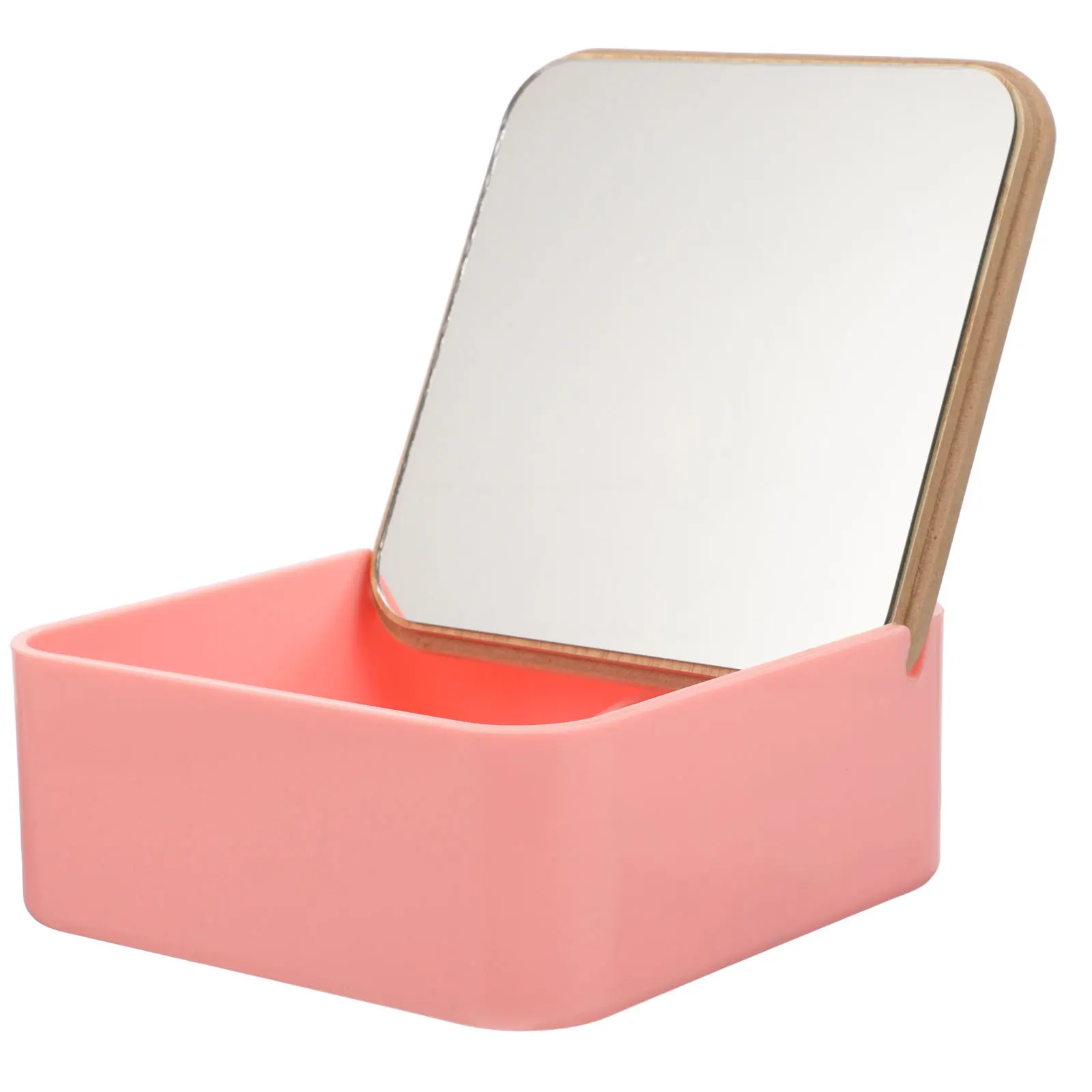 Desktop Bamboo Makeup Mirror Storage Box Clamshell Design Durable Cosmetics Holder Tabletop Mirror for Home Use Girls Gifts