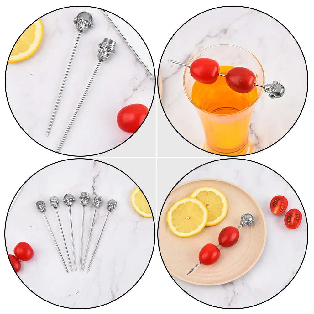 

6pcs Stainless Skull Cocktail Picks Reusable Fruit Dessert Snack Party Bar Tools Easy Practical Fruit Picks Clean