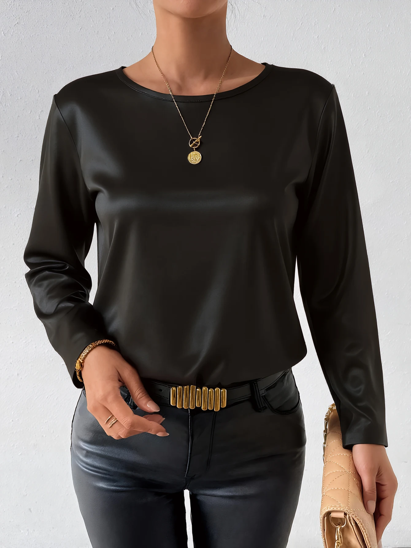 

Женская осенне-зимняя блузка с длинными рукавами, однотонная, с круглым вырезом, облегающий повседневный базовый топ для повседневной носки