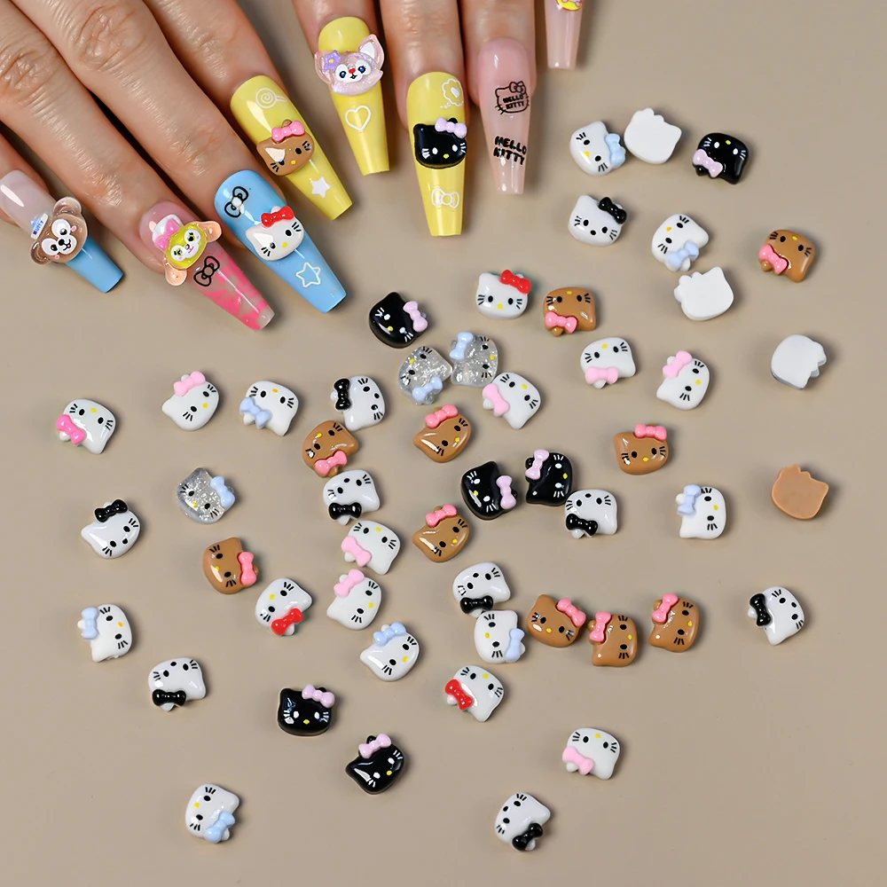 50Pcs Mix Cute Ice Cream HelloKitty Nail Rhinestone Mini Resin Kitty Cat Summer Popsicle Series Flatback Ornament Jewelry Manicu