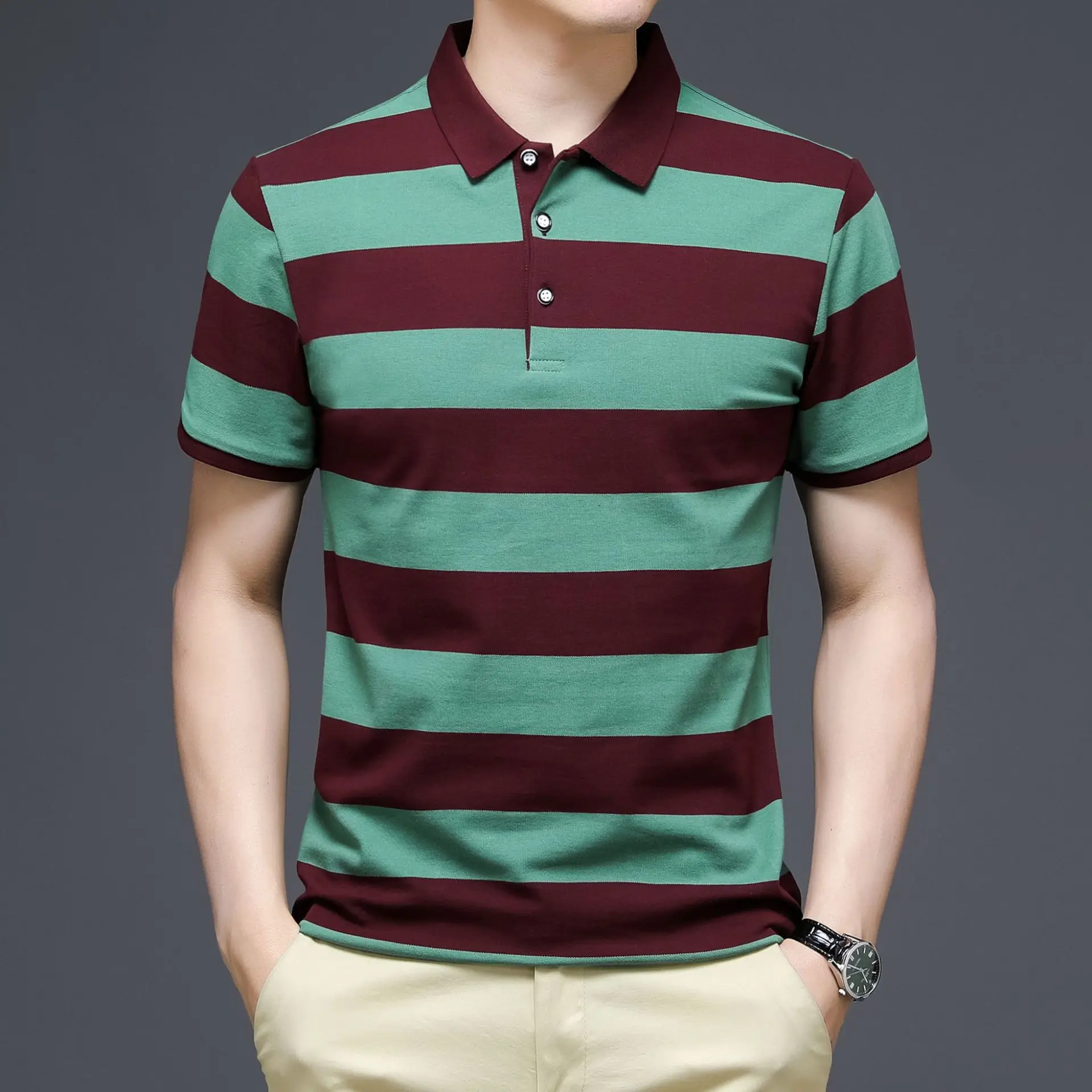 

Summer men's clothing, color-stripe striped POLO shirt, business casual POLO shirt, short-sleeved plus size POLO shirt